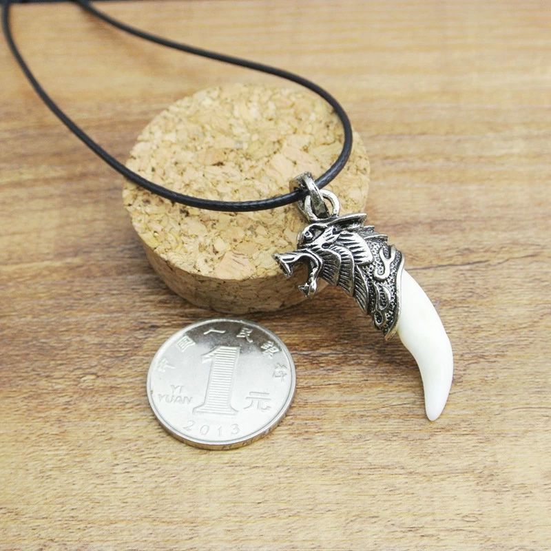 Men Antique Silver Tribal Stark Wolf Fang Tooth Pendant Necklace, Vintage Wolf Tooth Dragon Alloy Pendant Necklace ZMPJ180#C4