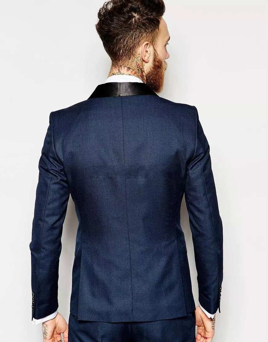 Custom Made One Button Mens Suits Navy Blue Groom Tuxedos Best Man Suit Wedding Suit (Jacket+Pants+Vest+Bow Tie+Kerchief) Handsome Jackets