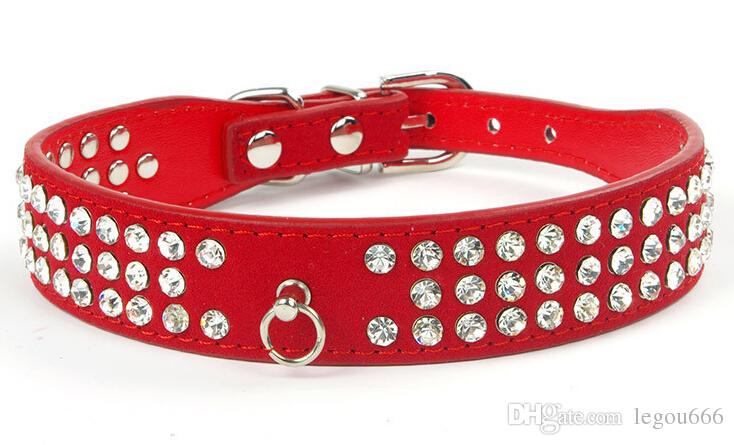 Suede Leather Rhie Dog Collar Crystal Diamante 3 Rows pet collarXS,S,M,L
