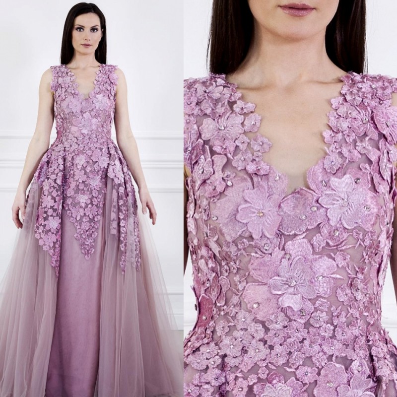 Elie Saab Purple Deep V Neck Evening Dresses Applique Rhinestones Formal Dress Party Evening Wear Plus Size African Prom Dresses Sweep Train