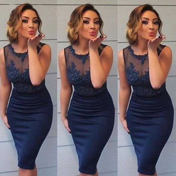 

2019 Navy Blue Lace Applique Women Short Cocktail Party Dresses Knee Length Sheer Neck Column Evening Gown Mature Attractive, Dark green