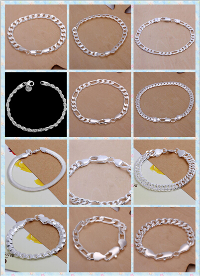 Hot sale! Fashion Bracelet Men/Boys 925 Sterling Silver Jewelry Curb/Figaro Chains Mix 10 Styles 10pcs/lot