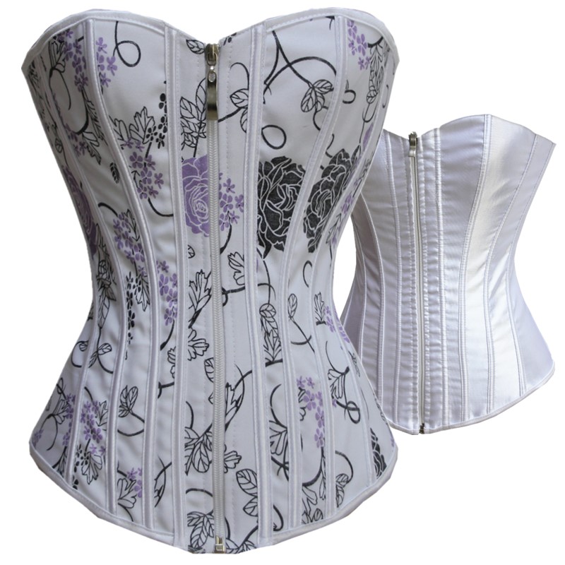 Women's Fashion Multi Floral Printed Zip-up Front Two Side Wear Reversible Lace-up Back Corset Bustier Plastic Boned S-XXL Drop Ship