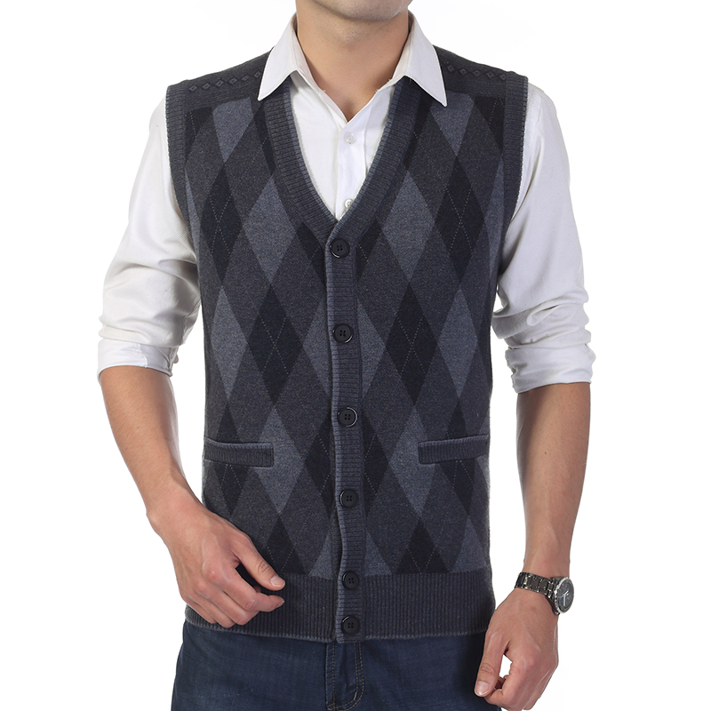 Fall-Autumn Men Knitted Sweater Woolen Vests Male Plaid Single Breasted Sleeveless Vests Cashmere Business Casual Waistcoats W117