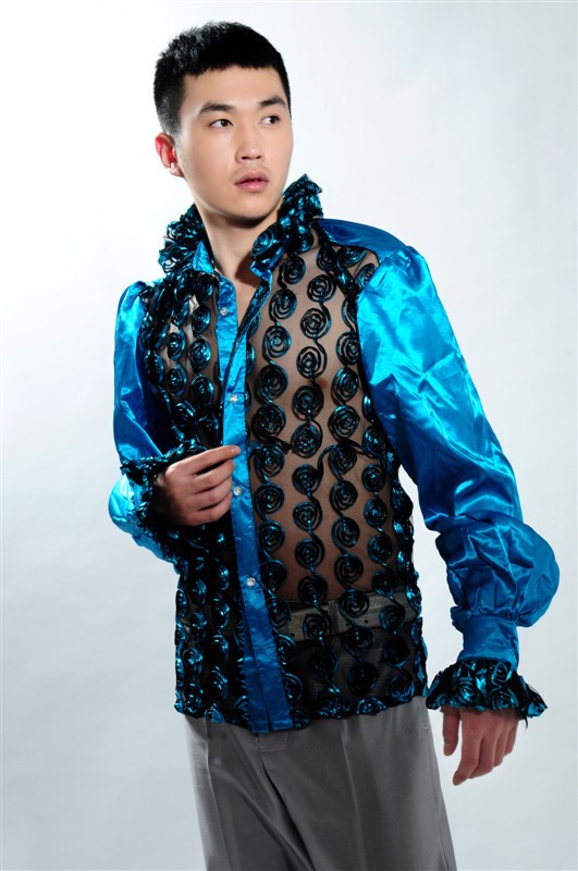 Wholesale-Free shipping fan collar prince stage sequins decoration mens tuxedo shirts party/wedding shirts latin dance performance shirts