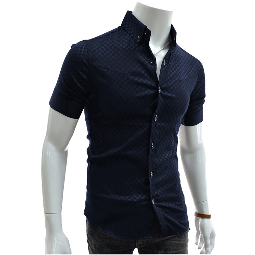New 2015 Mens Summer Fashion Slim Fit Shirt Tops Short Sleeve Dark Plaid Casual Dress Shirts High Quality 3 Colors Size L XL XXL FG1511