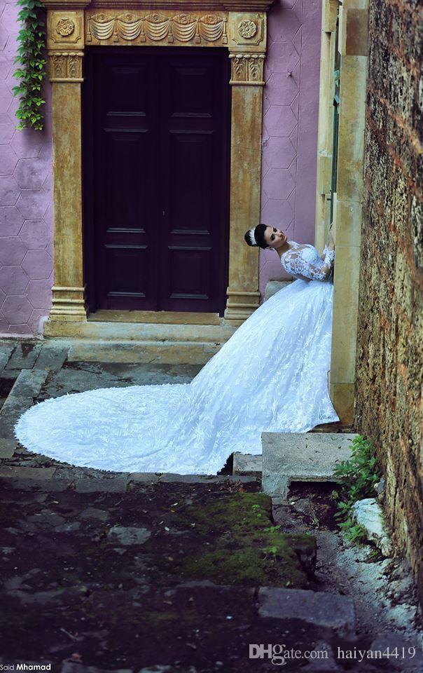2016 Hot Arabic Lace Ball Gown Wedding Dresses Illusion Neck Long Sleeves Chapel Train Said Mhamad Bridal Gowns Plus Size