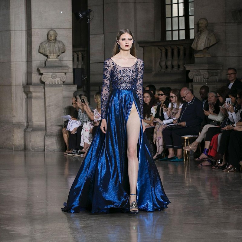 Zuhair Murad Sexy Prom Dresses Side Split Sequins Crystal Luxury Long Sleeve Evening Dress Jewel Neck Sweep Train Formal Party Plus Size