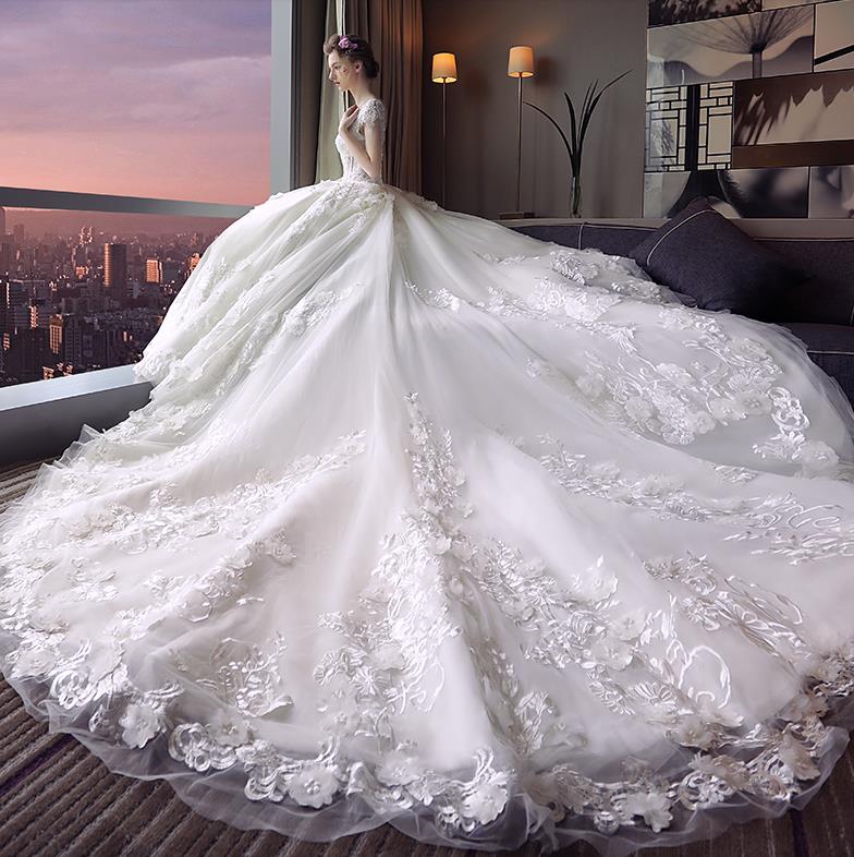 Long Cathedral Train Wedding Dress V Neck Cap Sleeve Lace Applique Beaded 3d Floral Ivory Lace Up Back Tulle Bridal Gown Vestido de