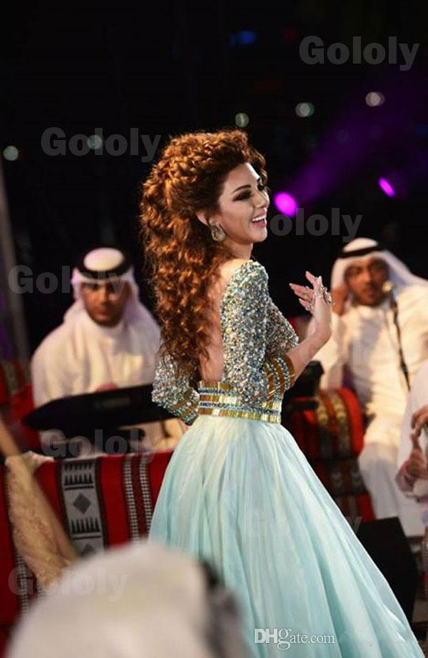 Sexy Mint Green Arabic Backless Prom Dresses Plus size Crystals Rhinestones Myriam Fares Formal Gowns Pageant Dresses Celebrity Dresses