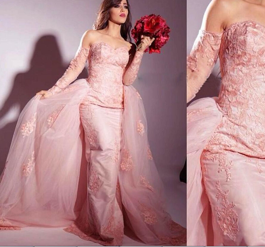 Detachable Train Pink Lace Prom Dresses With Long Sleeves Appliques Sweetheart Vestidos Arabic Formal Party Evening Dress Gowns, Gold
Detachable Train Pink Lace Prom Dresses With Long Sleeves Appliques Sweetheart Vestidos Arabic Formal Party Evening Dress Gowns, Gold