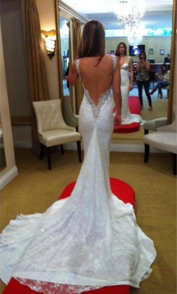 Mermaid Long Wed Wedding Dress White Sweetheart Tank Sleeveless Floor Length Court Train Bridal Gown Beading Backless Lace Wedding Dresses