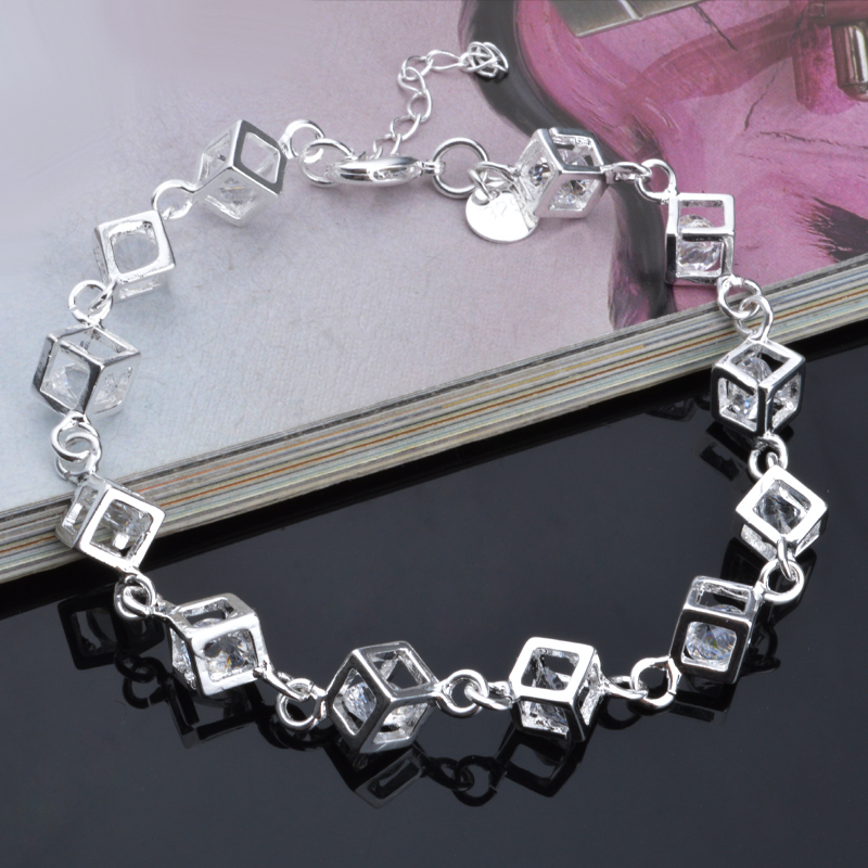 Free Shipping with tracking number Top Sale 925 Silver Bracelet Checkered White Diamond Bracelet Silver Jewelry 10Pcs/lot cheap 1798