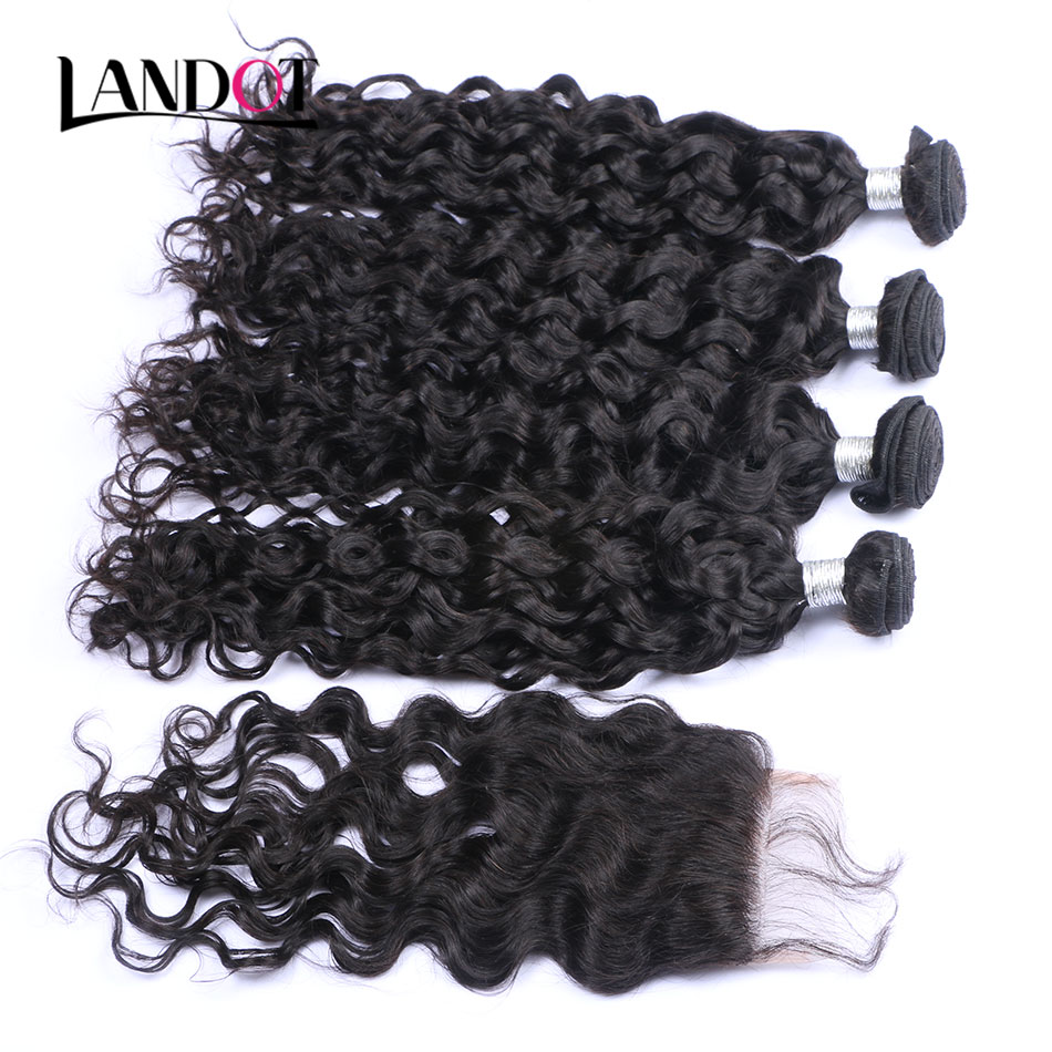 Peruvian Malaysian Indian Brazilian Virgin Hair 3 Bundles with Lace Closure Natural Wave Wet and Wavy Water Wave Curly Mink Human Hair Weave