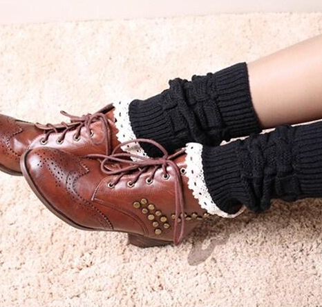 Women Girl Leg Warmers Hosiery Stockings Crochet Knit button white Lace trim Boots socks Cuff Leggings Tight 9colors