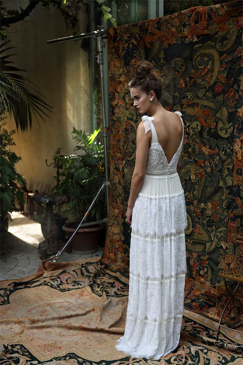 Lihi Hod Lace Bridal Gowns Spaghetti Neckline Tiered Backless Wedding Dresses Custom Made Floor Length Robe de mariée