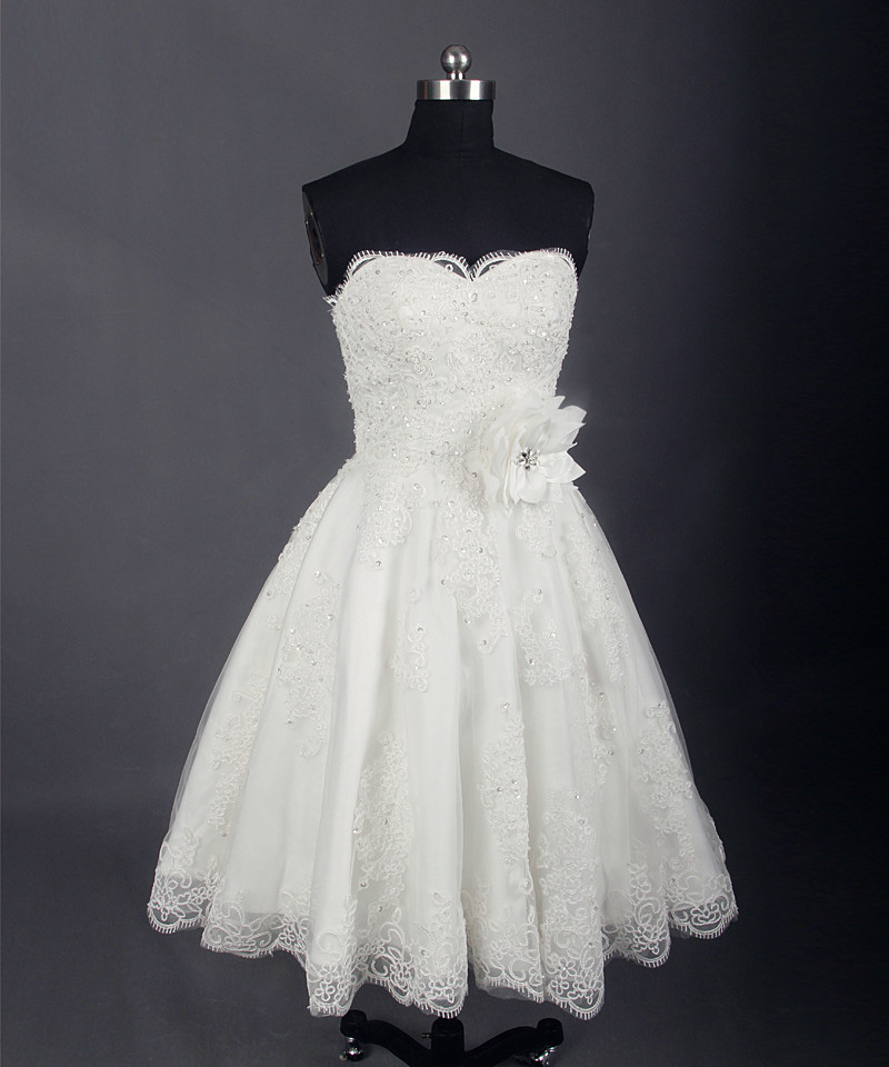 Real Photos Short Lace Beach Wedding Dresses 2017 Sweetheart Beads With Hand Made Flower Bridal Gowns Custom Made From China EN11256