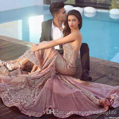 Said Mhamad Blush Pink Dubai Arabic Mermaid Prom Dresses Lace Appliques Sweep Train Backless Formal Evening Gowns Dress Ba0562