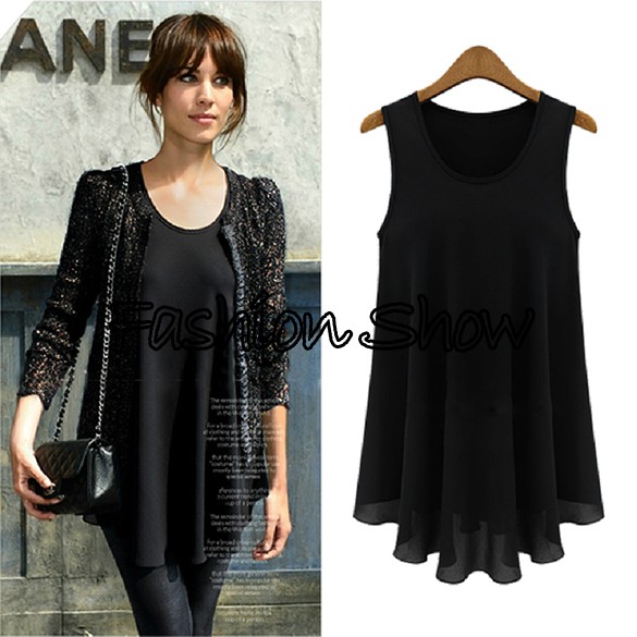 Women Blouses 2014 Chiffon Plus Size Sleeveless O-Neck Tank Top Blouse M L XL Black, Apricot b7 SV001217