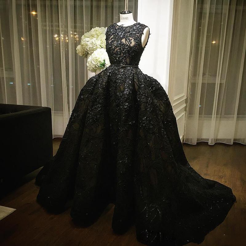 Zuhair Murad Black Evening Gown Sleeveless Full Applique Beads Prom Dress with Detachable Train Sweep Train Sequins Dresses Formal Party