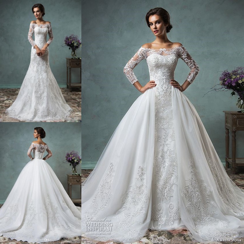 Overskirt Wedding Dresses Full Lace Long Sleeves Bridal Gowns Amelia Sposa Arabic Wedding Gowns Wit Bateau Neck Zip Back Court Tra