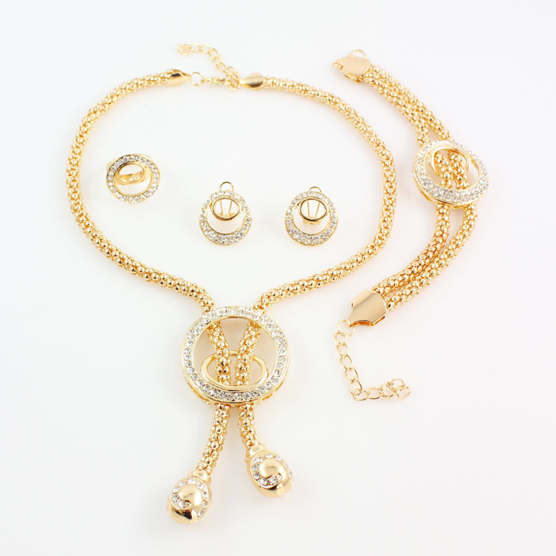 Hot Sale Nigerian Wedding African Beads Jewelry Sets Fashion Women Dubai 18K Gold Plated Tassel Necklace Earrings Bracelet Ring Jewelry Set