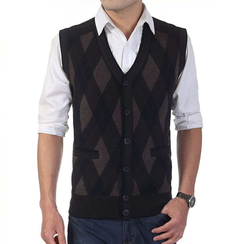 Fall-Autumn Men Knitted Sweater Woolen Vests Male Plaid Single Breasted Sleeveless Vests Cashmere Business Casual Waistcoats W117