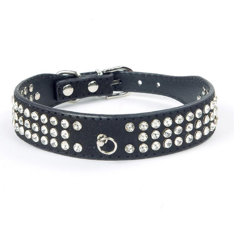 Suede Leather Rhie Dog Collar Crystal Diamante 3 Rows pet collarXS,S,M,L