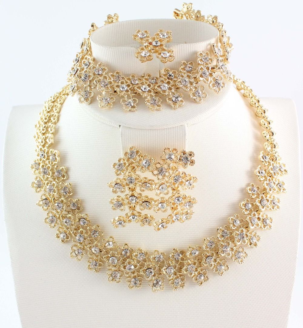 Fashion Women Gold Plated Crystal Bridal Jewelry Sets Alloy Necklace Bracelet Earring Ring Jewelry Sets, Black
Fashion Women Gold Plated Crystal Bridal Jewelry Sets Alloy Necklace Bracelet Earring Ring Jewelry Sets, Black