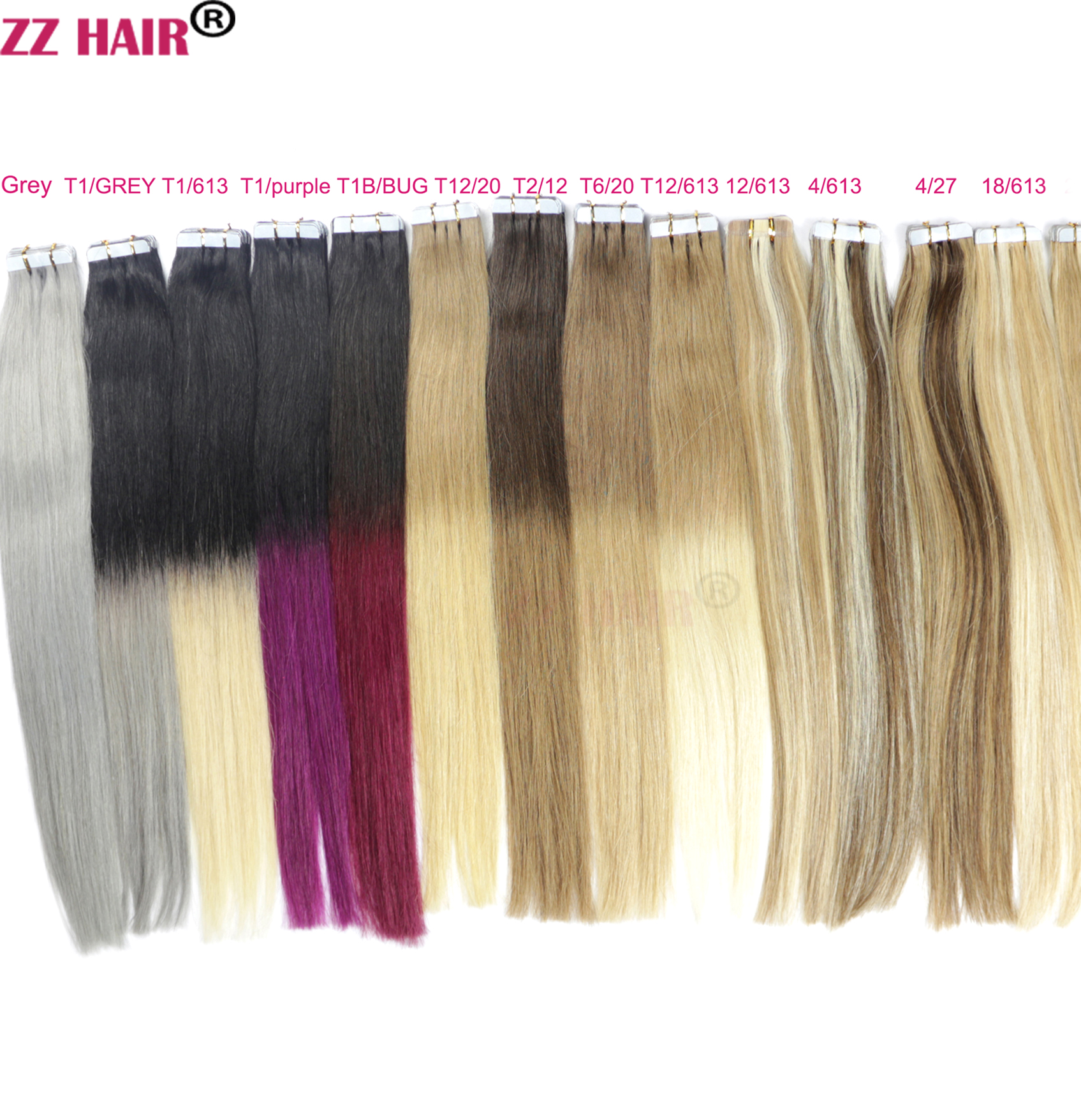ZZHAIR 14-24 inches 100% Brazilian Tape Remy Human Hair Extensions 20pcs/pack Glue In Hair Skin Weft 30g-70g