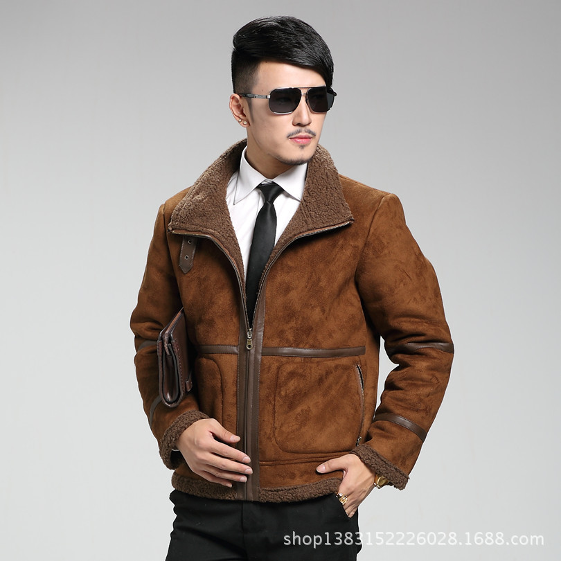 Fall-Winter New Thicker Fur Leather Men Large Size Jacket American Motorcycle Jacket Suede Fur Collar Short Lamb Fur Jacket Men