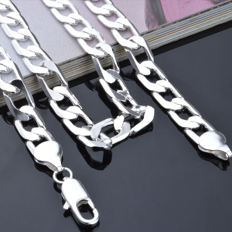 Hot 925 Sterling Silver plated 7mm 16'' 18'' 20" 22'' 24'' Flat Chain Necklace Mens Necklace Christmas Gi