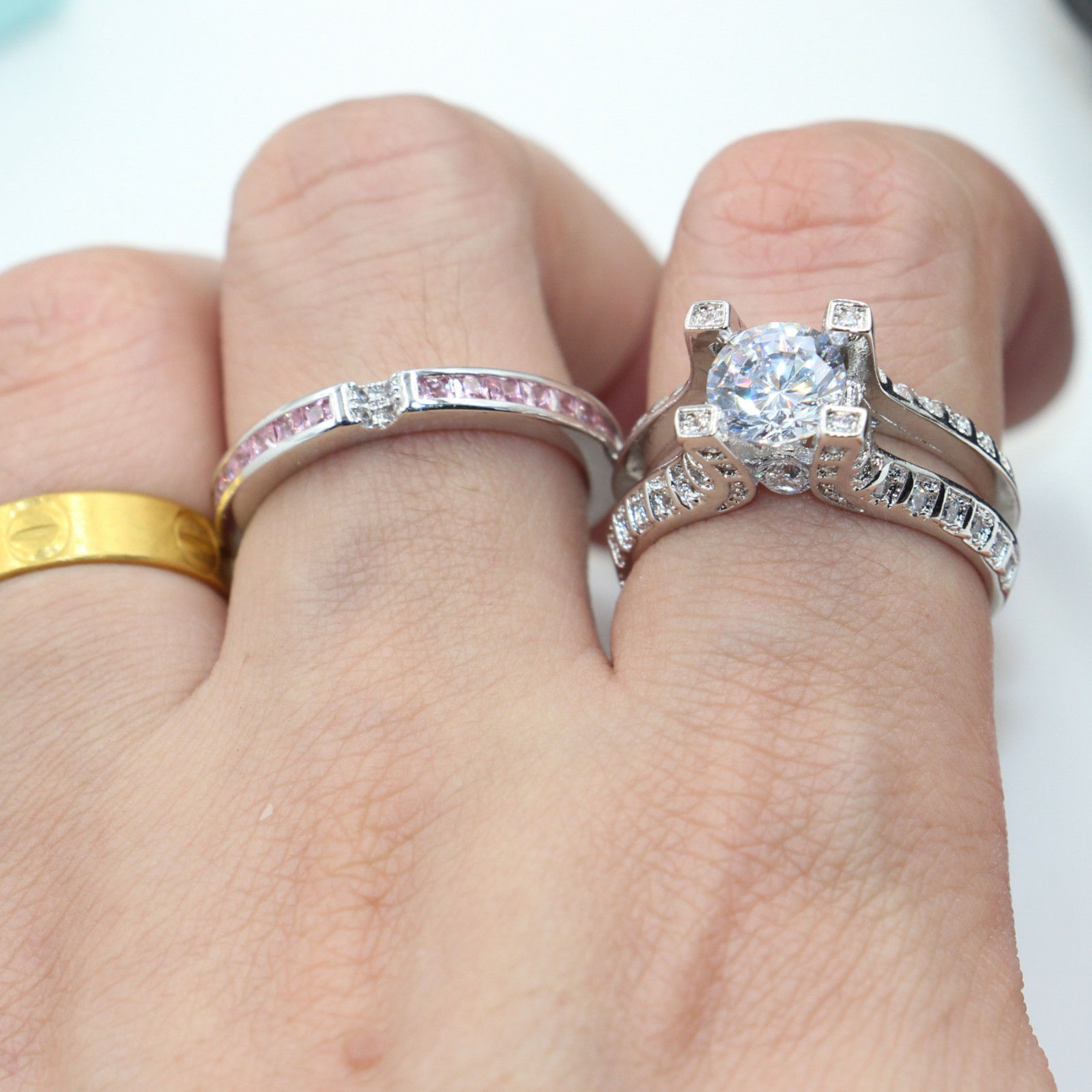 SZ5-11 Luxury wholesale Professional fashion jewelry 10kt white gold filled Gf pink topaz Wedding Engagement Band Ring set gift