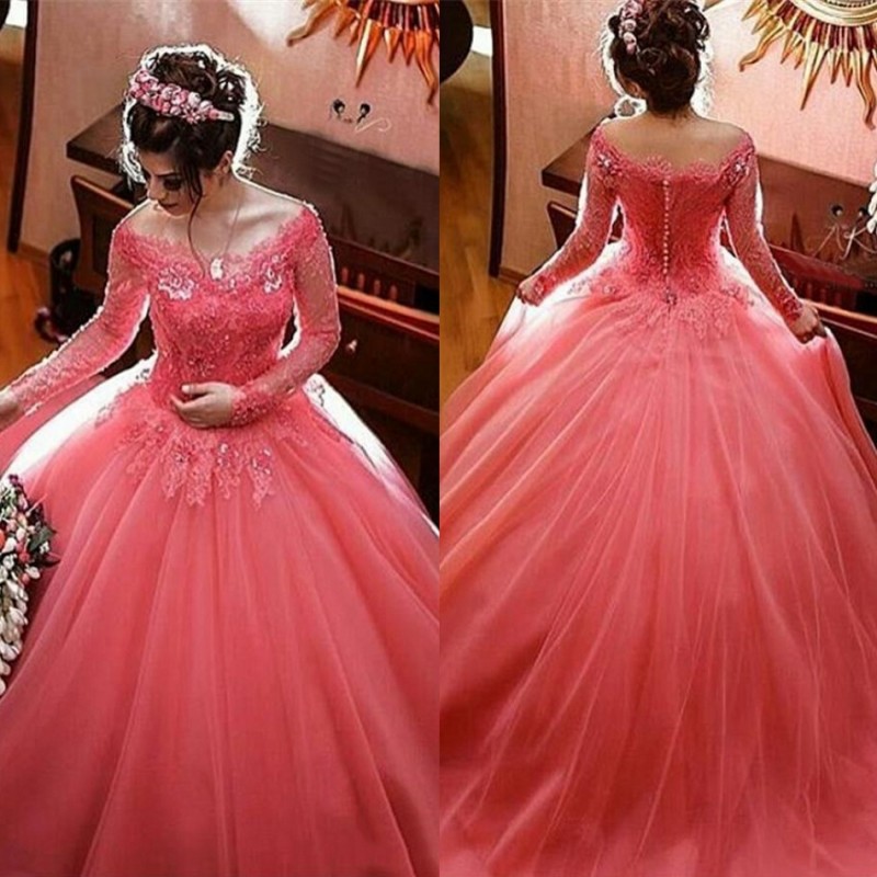 Pink Ball Gown Wedding Dresses With Long Sleeve Lace Applique Sequins Off Shoulder Country Wedding Gowns Sweep Train Beach Bridal Dress