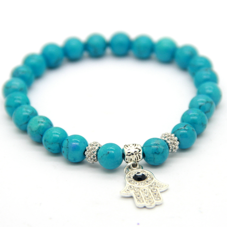 New Arrival Fashion 8mm Turquoise Stone Beads Silver Crystal Fatima hand Hamsa Charm Bracelet Ethic Jewelry, Black
New Arrival Fashion 8mm Turquoise Stone Beads Silver Crystal Fatima hand Hamsa Charm Bracelet Ethic Jewelry, Black