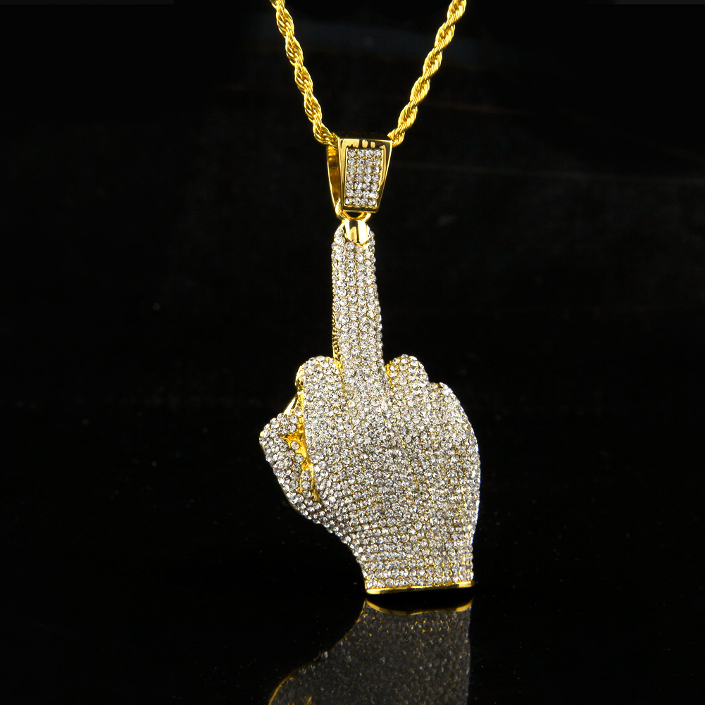 2017 Middle Finger Diamond Necklace Street Wind Heavy Drill Full Diamond Alloy Big Finger Pendant Vertical Middle Finger Hip Hop Necklace