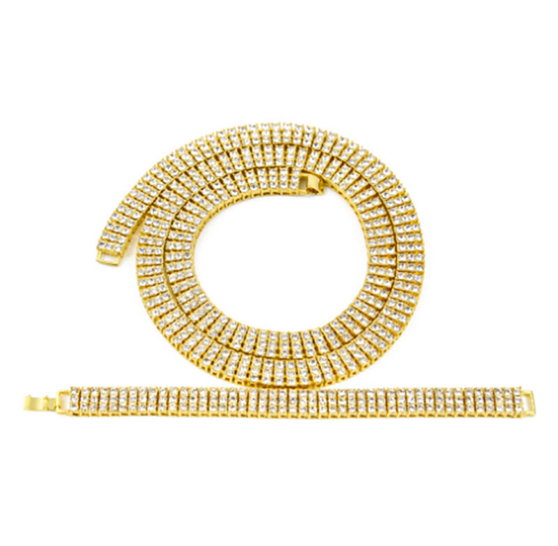 Whosales_3 Row Simulated Diamond Bling Tennis Chain Necklace and 8inch bracelet Set Mens Gold Silver Plated Iced Out Hip Hop Jewelry