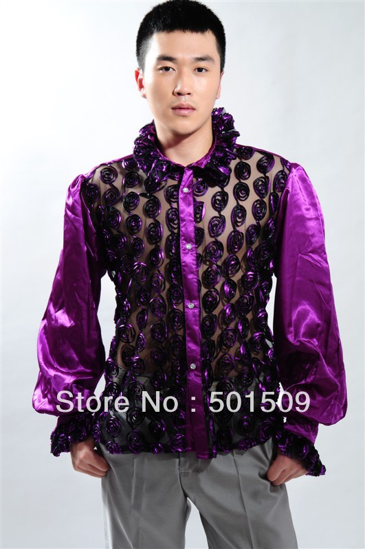 Wholesale-Free shipping fan collar prince stage sequins decoration mens tuxedo shirts party/wedding shirts latin dance performance shirts