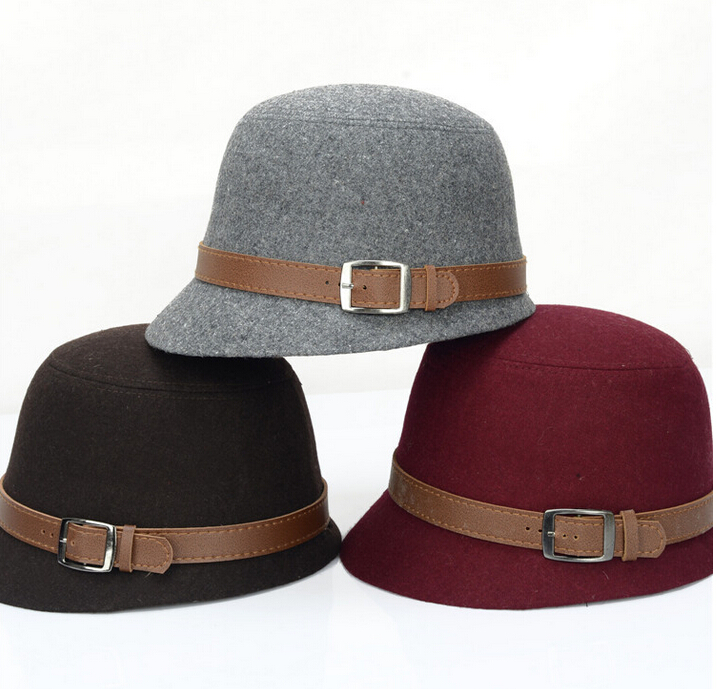 2015 Fashion Women Solid Beach Belt Buckle Bowler Fedora Hat Bowler Caps