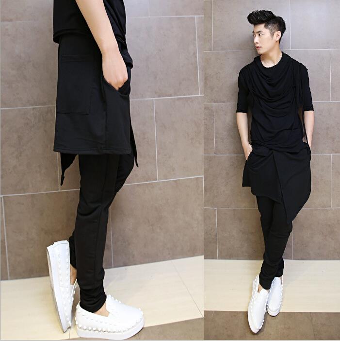 Wholesale-Korean Hip Hop Fashion Dance Pants For Men Black Drop Crotch Skirt Skinny Harem Pants Trousers Nightclub Performance AY953