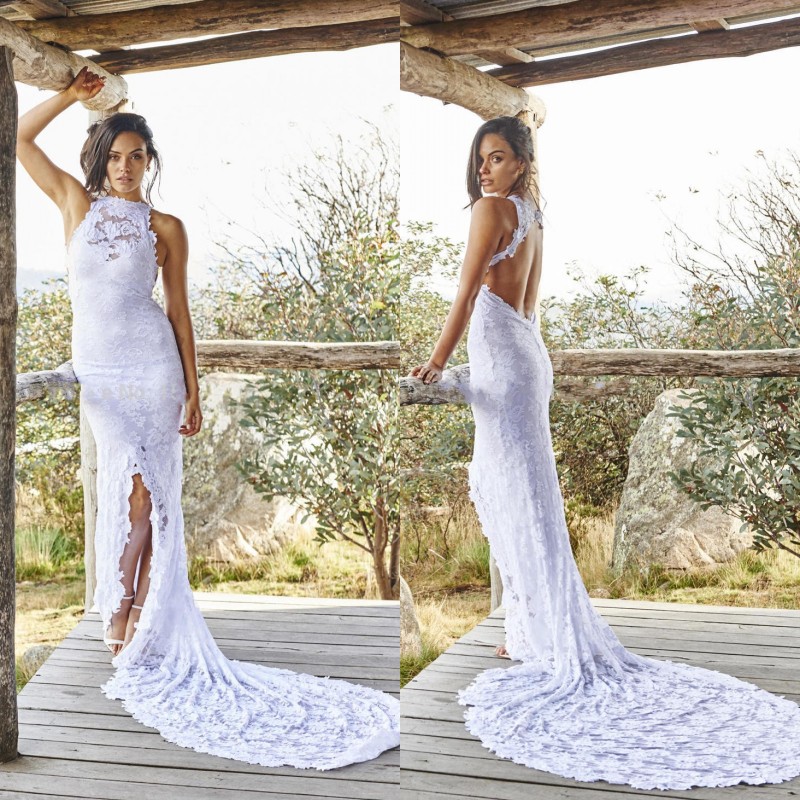2018 Boho Lace Bohemian Wedding Dresses Front Split Beach Court Train Halter Sheer Backless Mermaid Bridal Gowns, Pink
2018 Boho Lace Bohemian Wedding Dresses Front Split Beach Court Train Halter Sheer Backless Mermaid Bridal Gowns, Pink