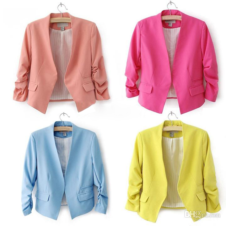 Wholesale-Blazer feminino 2015 Chaquetas Mujer New OL Work Candy Color Thin Outerwear Coat Casual Mini Short Blazer Women Suit Jacket 7342