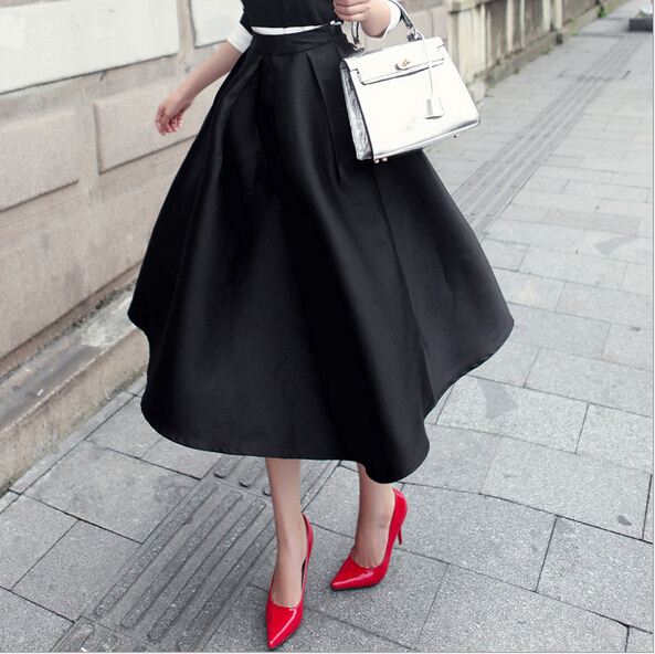 2015 New Autumn Winter Women Vintage High Waist Midi Skirt Ladies Office Solid Elegant A Line Pocket Skirts Black Blue long Saia FG1511