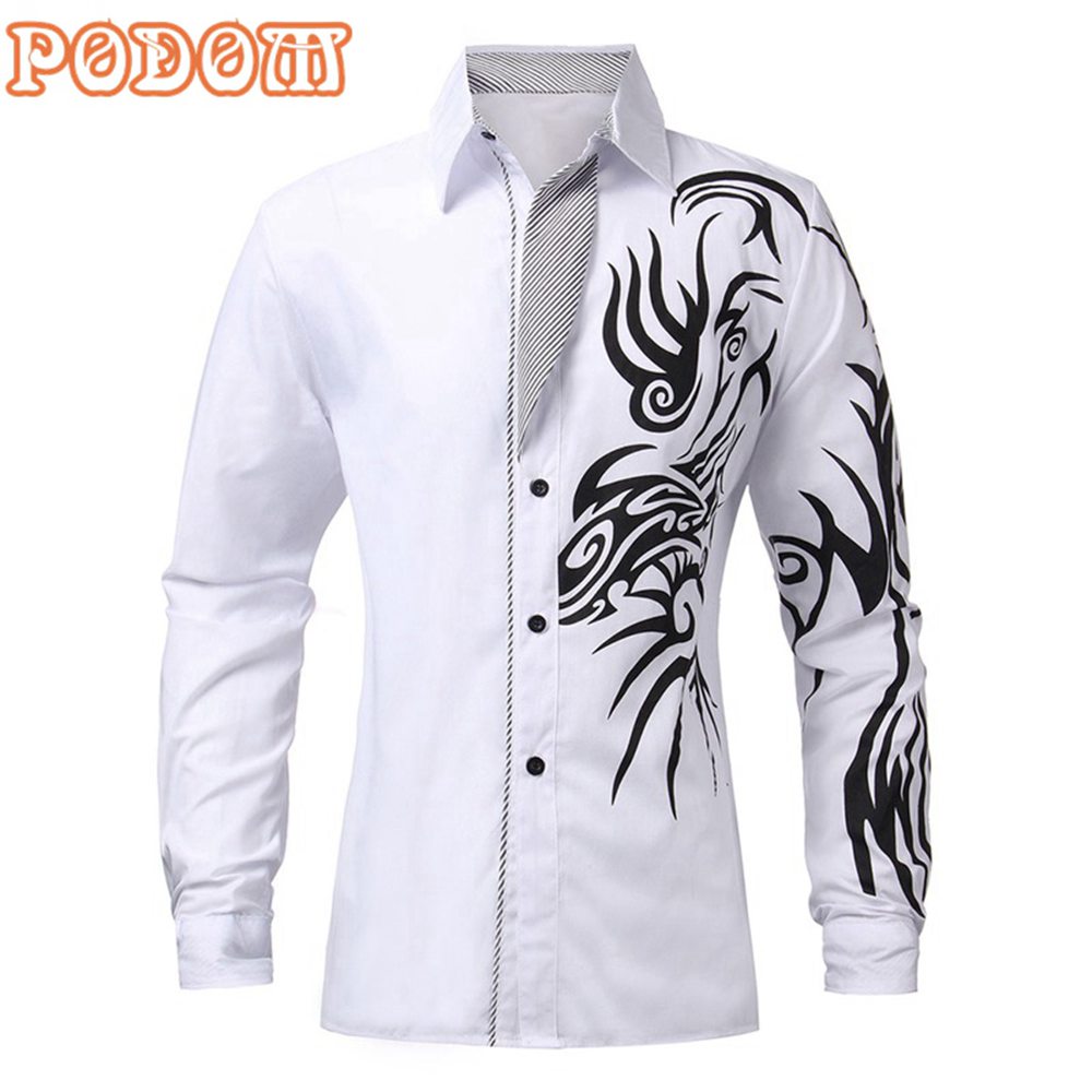 Podom 4 Color 2015 Men Autumn New Fashion Slim Long Sleeve Dress Shirts Novelty Dragon Tattoo Printed Casual Shirt Camisa S-XL FG1511
