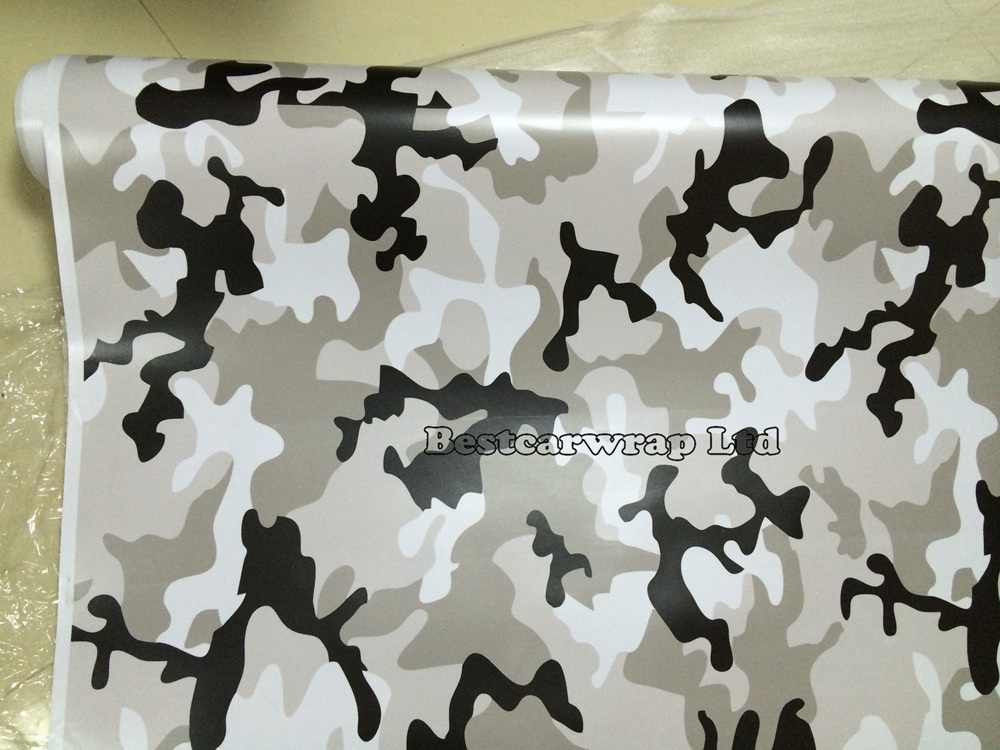 Black white grey Camo Vinyl Film Snow Camouflage Vinyl Car Wrap Air Bubble Free Winter Wrap Snow Camo Wraps Size:1.52 x 30m/Roll(5ft x 98ft)