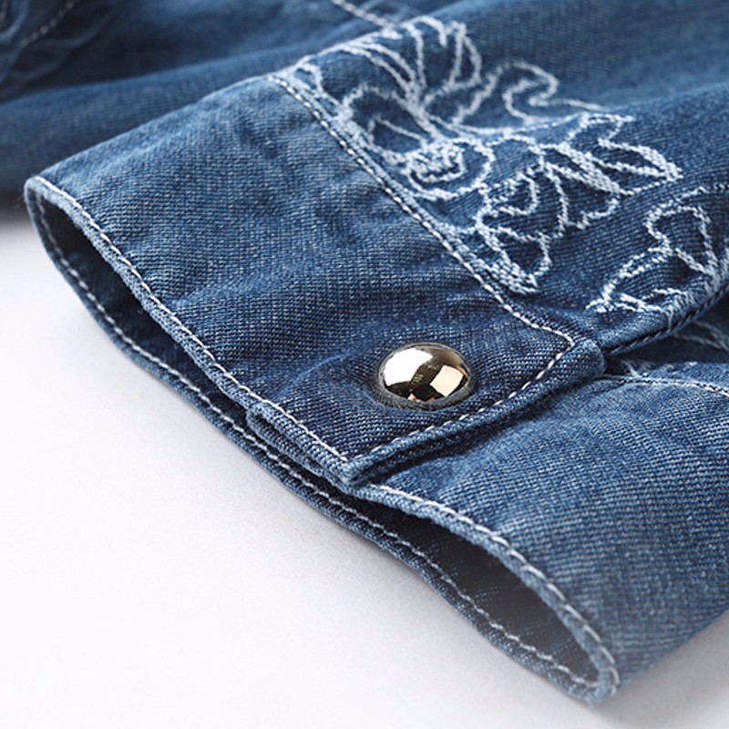 2015 Women Autumn Half Sleeve Fashion Floral Embroidery Demin Dress Knee Length Turn-down Collar Female Jeans Dresses Vestidos FG1511