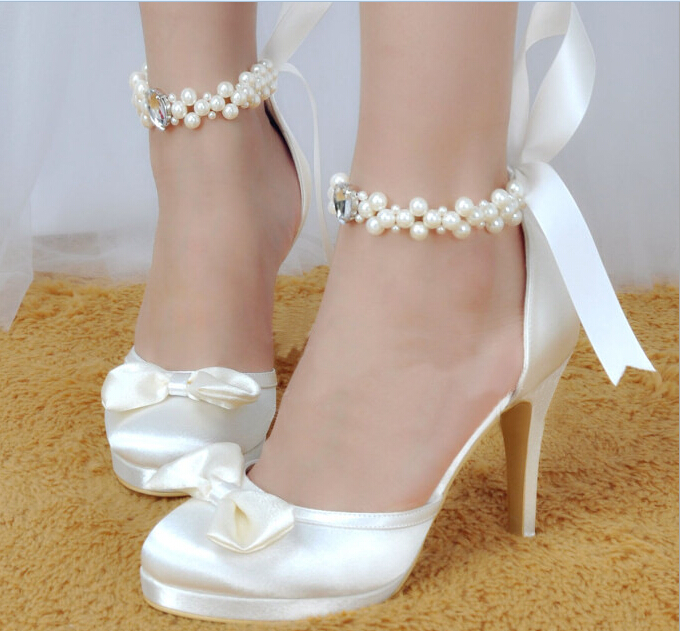 2016 White Wedding SHoes For Bridal Shoes Beading Bow Custom Made Thin Heels Plus Size Elegant For Ladies Party Shoes Fashion Hot Sale
