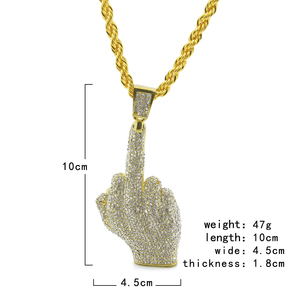 2017 Middle Finger Diamond Necklace Street Wind Heavy Drill Full Diamond Alloy Big Finger Pendant Vertical Middle Finger Hip Hop Necklace