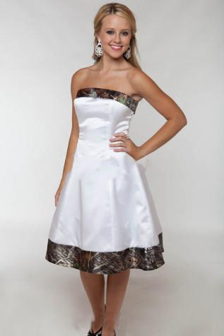 Short Camo Wedding Dresses 2016 Strapless Knee Length Cheap Bridal Gowns A Line White Satin