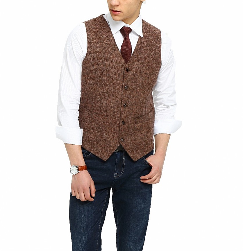 2020 Groom Vests Country Farm Brown Wool Herringbone Tweed Dress Vests Custom Made Slim Fit Men's Suit Wedding Waistcoat Dress Plus Size